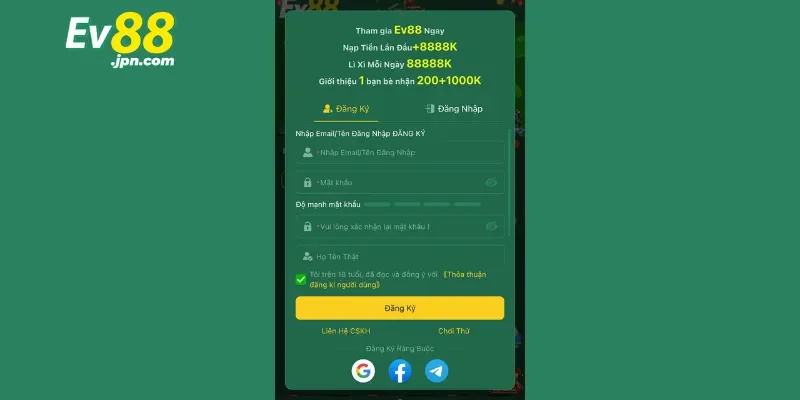 Hướng dẫn từng bước thực hiện đăng ký Ev88